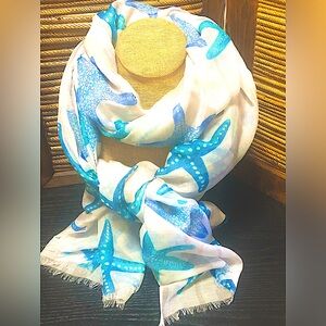 Blue Starfish Scarf. Lightweight, 70 x 23